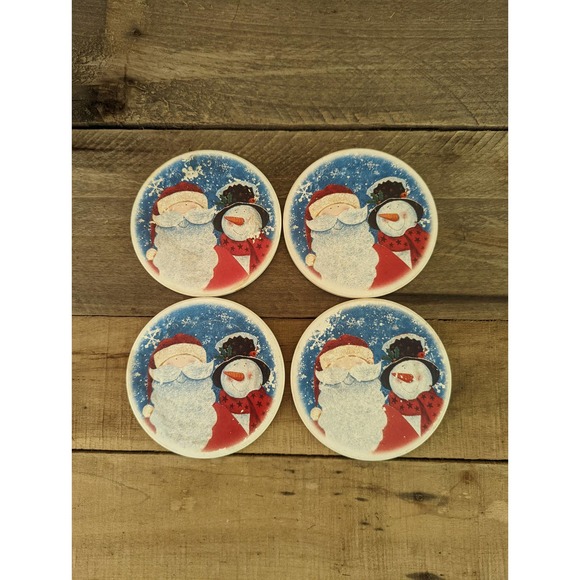Set of four Stoneware Christmas Snowman & Santa Coasters with wooden holder - Picture 3 of 6